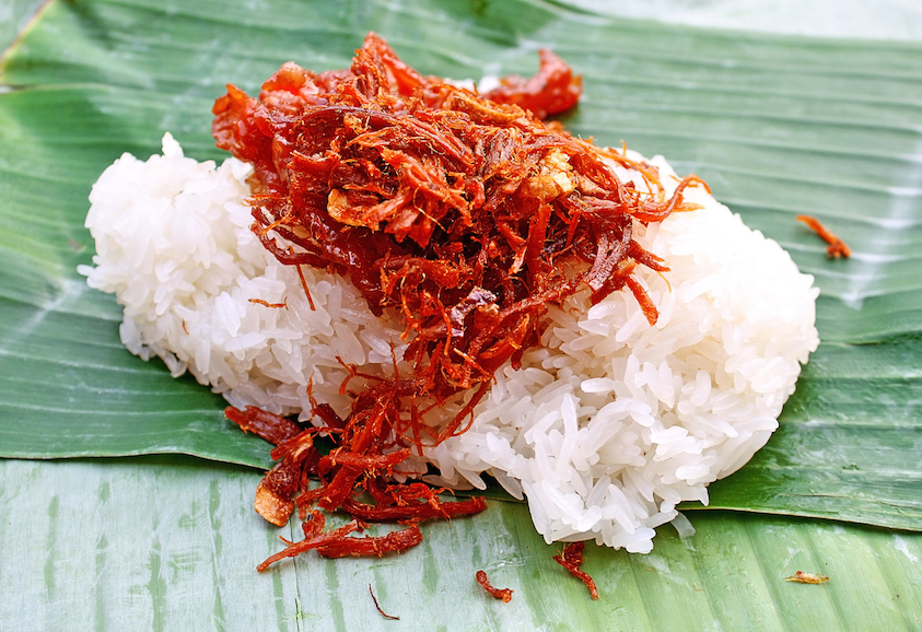 Shredded pork with sticky rice (Khao Niew Moo Foi)